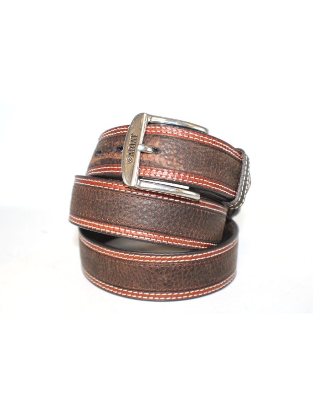 Ariat Mens 46 Two Tone Brown Genuine Leather Belt Double Stitching Silver Buckle
